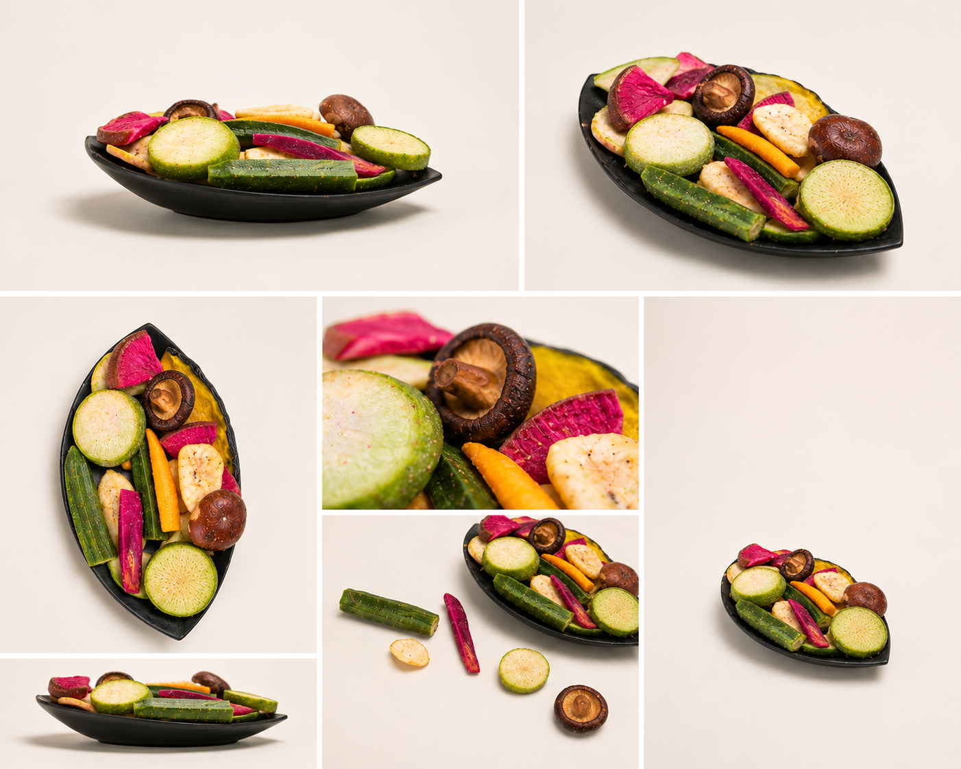 Assortiment premium de fruits et légumes lyophilisés GREEN'CROQ : chips de betterave, courgette, carotte, gombos et shiitaké sur assiettes design