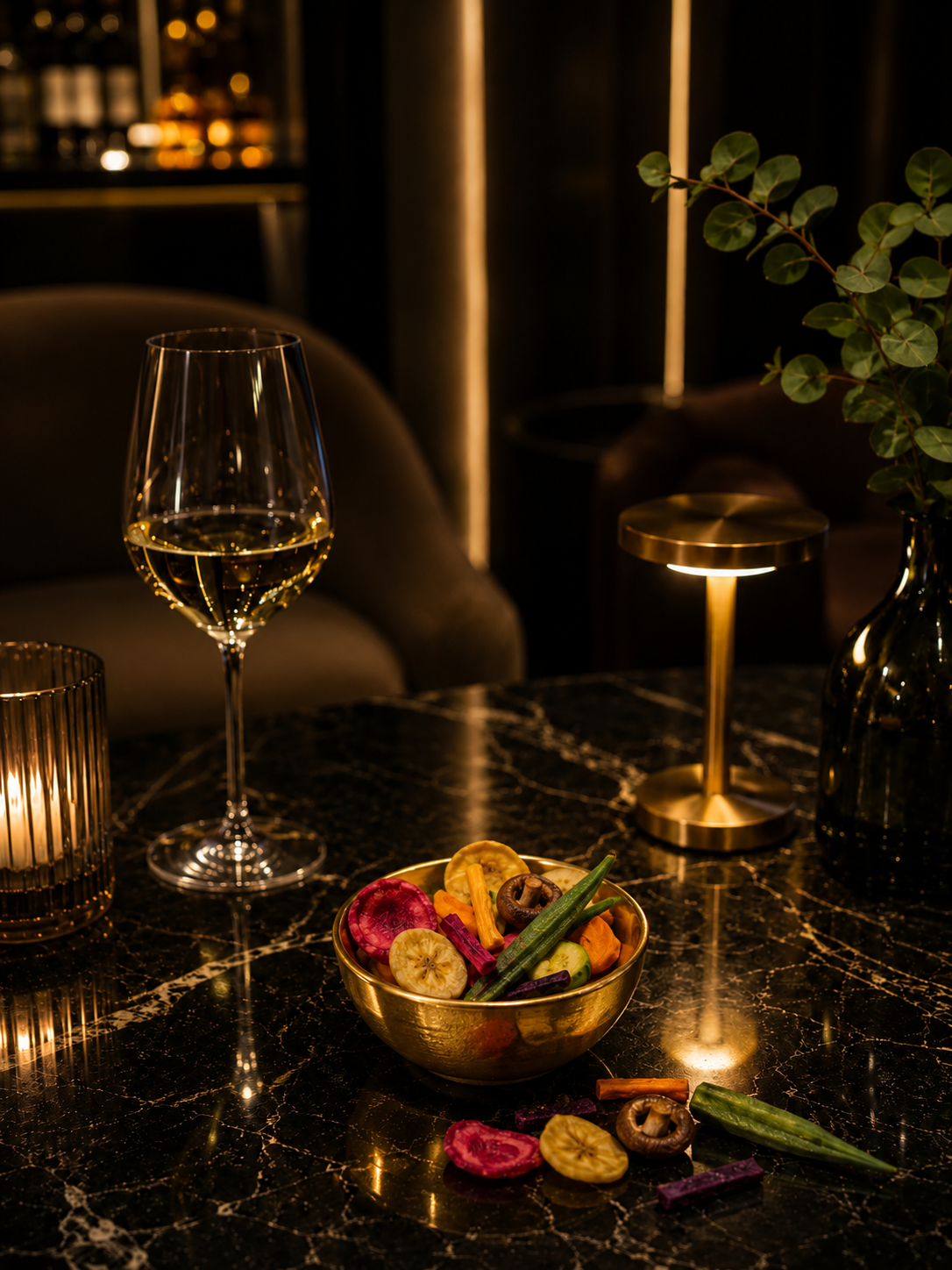 Bar lounge d'hôtel premium avec bol doré de fruits et légumes lyophilisés GREEN'CROQ pour l'apéritif et le snacking haut de gamme
